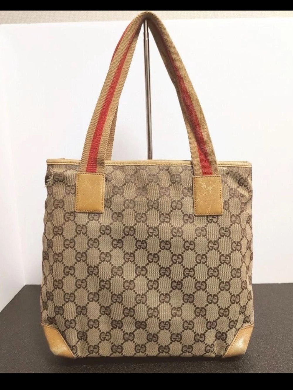 Gucci Beige/Brown GG Canvas Tote with Red-Trim Handles